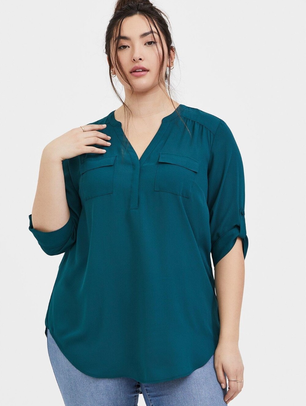 torrid Teal V-Neck Harper Roll-Sleeve Tunic